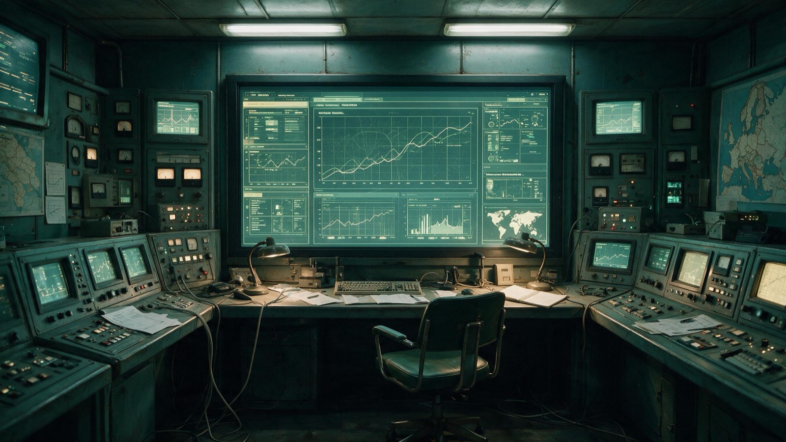 A dim control room walled with meters and monitors, one wide dashboard of traffic charts glowing in the centre